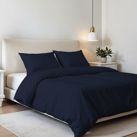 Parure de lit Double en Microfibre, Housse de Couette - 250 x 200 cm avec Rabat et taies d'oreiller, Bleu foncé, lit Double (1/5)