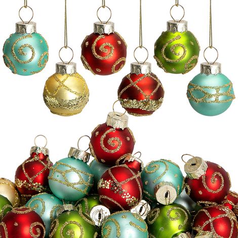 Lot de 24 Mini Boules de Noël Multicolores en Verre Mini Boules décoratives Vintage Scintillantes à Suspendre pour Sapin Rouge Vert doré Bleu Décoration de Noël pour décoration (1/5)