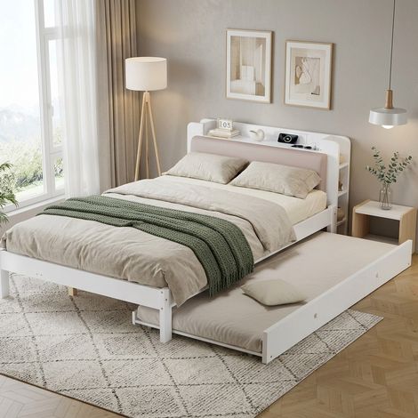 Funktionsbett 120x200 cm Weiß aus Holz mit Ausziehbett, gepolstertem Kopfteil und Kopfteilablage (1/5)