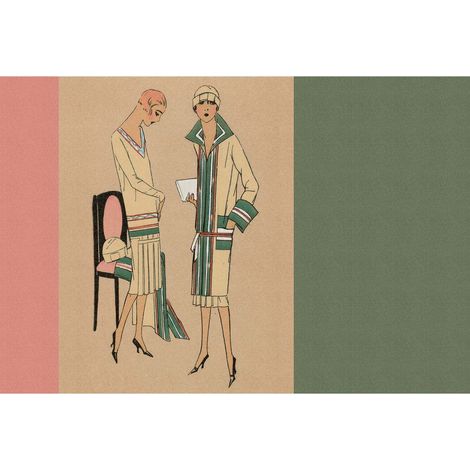 Papier peint panoramique vert & rose pastel avec parisiennes Tapisserie panoramique mode idéale chambre adulte Papier peint panoramique salon & couloir (1/2)