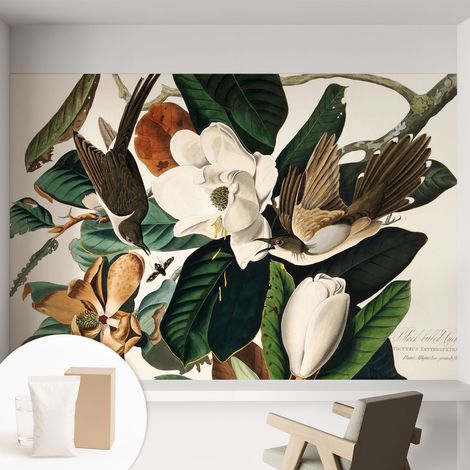 Papier peint intissé mural pour salon chambre à coucher tendance et originale - Colle incluse gratuite Oiseaux et magnolias 152x104 cm (1/5)