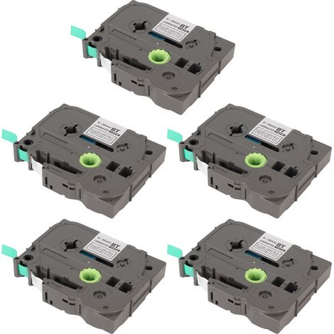 Lot de 5 rubans pour étiqueteuses 9 mm, laminés, imperméables, inaltérables et multi-usages, compatibles avec PT D210, PT D200, PT H110 et PT D400, blanc sur vert (BZE 725). (1/5)