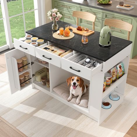 Isla de cocina 120x60x90 cm blanca de MDF con 3 cajones y espacio para mascotas (1/5)