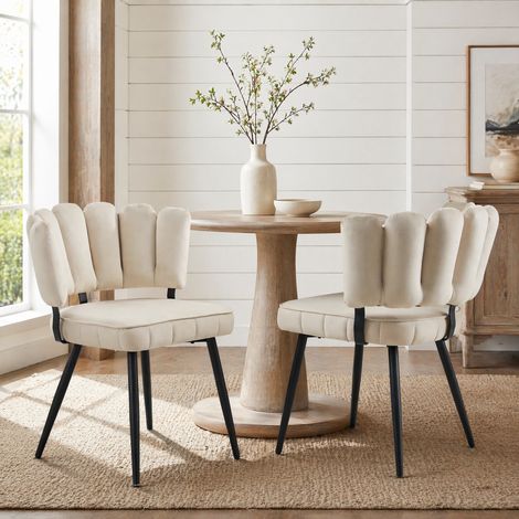 Set de 2 chaises de salle à manger en velours beige, dossier floral, pieds noirs, 80 cm (1/5)