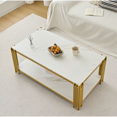 Table basse rectangulaire 114x63,5x46,3 cm blanche et dorée, double plateau, MDF et métal MEUBLIV (1/5)