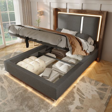 Letto per ragazzi 90x200, imbottito, con rete a doghe, illuminazione a LED e contenitore, sistema idraulico, colore grigio lino e noce, senza materasso. (1/5)