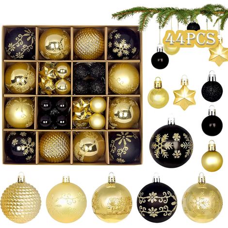 44 Boules de Noël Noir Or Set,Ø 6/4.3/3cm Boules de Noël en Plastique avec Crochet pour décoration d'arbre de Noël,Boules de Noël Décoration d'arbre Extérieur et Intérieur Décoration d'arbre Noël (1/5)