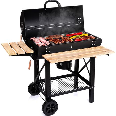 Barbecue Charbon De Bois Avec Grille De Cuisson Xl, Avec Deux Étagères En Bois, Couvercle, Roulettes Et Poignée Non Chauffante, Barbecue À Charbon Pour Le Jardin, La Terrasse, Le Camping (1/5)