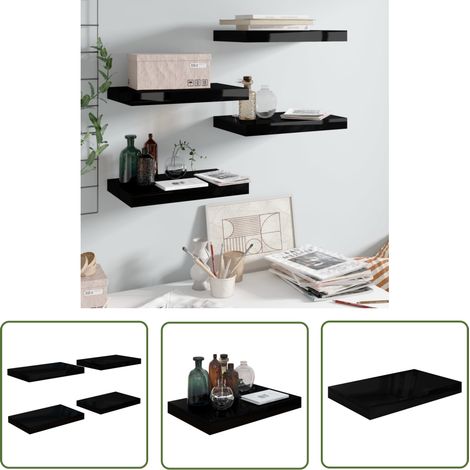 The Living Store Schweberegale 4 Stk. Hochglanz-Schwarz 40x23x3,8 cm MDF - Schweberegale - Wandregale - Schwarz - Waben-MDF - Metall (1/5)