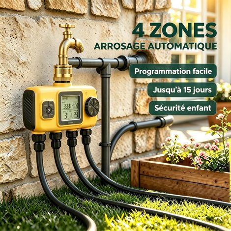 Programmateur d'arrosage automatique 4 zones – Réglage indépendant, écran LCD, commande manuelle, installation rapide