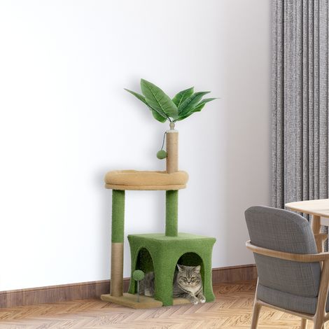 Arbre chat tour jeux hauteur 98 cm niche lit griffoirs, balles feuilles artificielles 44x30x98 cm vert, style naturel (1/5)