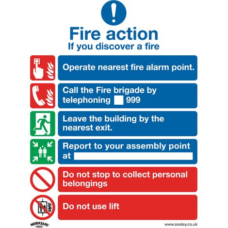 Sealey SS19V1 Worksafe Fire Action With Lift Safety Sign - Self-Adhesive Vinyl