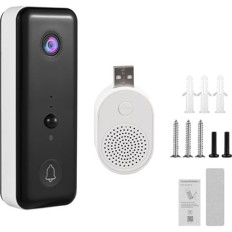 Timbre Wi-Fi de 2,4 GHz con resolución 720p, cámara PIR, lente gran angular de 140°, detección de movimiento, carcasa de plástico ABS blanco, funciona con pilas. (1/5)