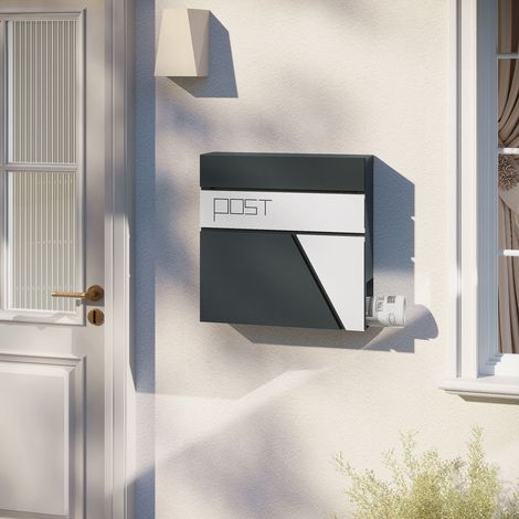 WOLTU Briefkasten, Postkasten mit Zeitungsfach, Briefkasten mit Schloss 2 Schlüsseln, abschließbarer Wandbriefkasten mit Klappdeckel, 37x37x10,5 cm, Anthrazit Weiß