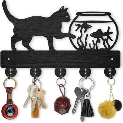 Porte-clés mural en bois pour aquarium sur le thème du chat 30 x 20 cm avec 5 crochets métalliques, support mural décoratif pour chat, poisson rouge, cadeau pour maison, cuisine (1/5)