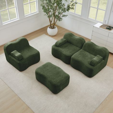 Canapé d'angle convertible 3 places, 1 pouf inclus, mousse résiliente 32D, design sinueux, siège spacieux, accoudoirs déhoussables, tissu vert, pour séjour moderne (1/5)