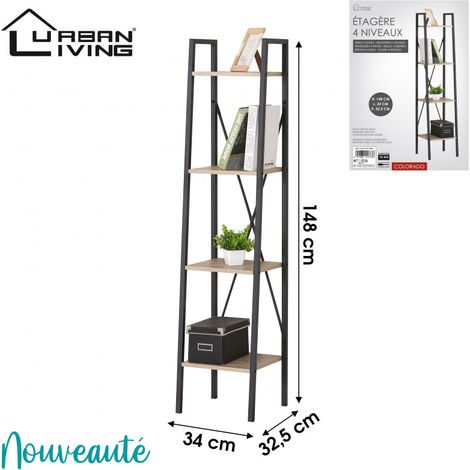 Etagère 4 niveaux COLORADO - Noir mat et chêne clair - Bois et métal - 148 x 34 x P 32.5 cm - Livraison gratuite (1/4)