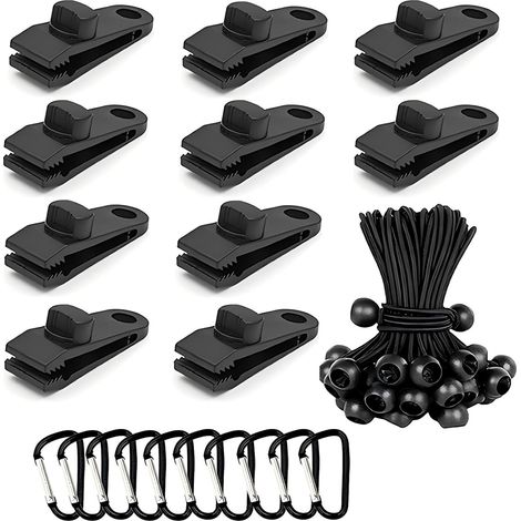 Ensemble de 10 pinces pour bâche, robustes et verrouillables, avec vis moletée, sangle à boule élastique et mousqueton pour la fixation de bâches et d'auvents. (1/5)