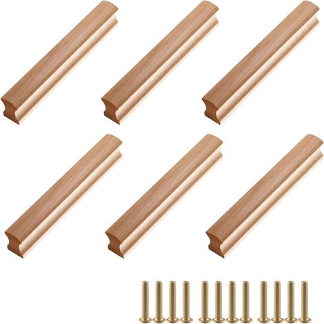Lot de 6 poignées de meuble en bois, vis, espacement 64 mm, pour armoires, salles de bains, bureaux, cuisines, coiffeuses et meubles divers