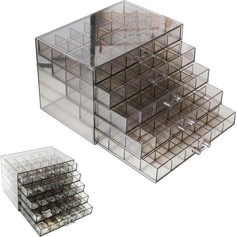 Transparante grijze acryl sieradenopbergdoos, oorbellenorganizer met 5 lades, 5-laags sieradendoos voor dames, displayhouder voor oorbellen, ringen, armbanden en kettingen, opbergdoos met 120 vakjes