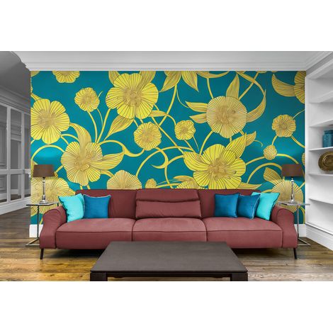 Papier Peint Floral - Fleurs Jaunes sur Fond Bleu Profond - 150 x 250 cm (1/2)