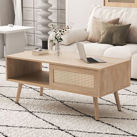URBAN MEUBLE Table basse effet bois en effet rotin tressé avec portes coulissantes 105x55x40cm
