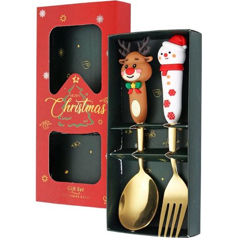 Fourchette Et Cuillère De Noël - En Acier Inoxydable - Pour Repas Festifs - Set De 4 Pièces - Avec Boîte Cadeau (1/5)