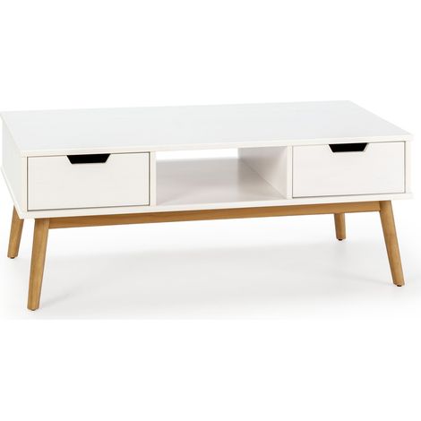 Mesa centro Baku blanco, pino macizo, 2 cajones, 110 cm