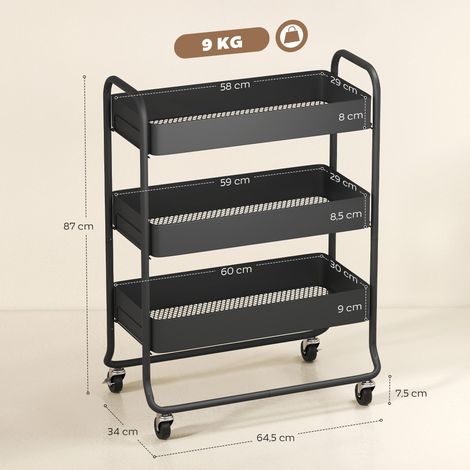 Chariot de cuisine en métal noir, 3 paniers et 4 roues, idéal pour organiser fruits, légumes et ustensiles avec mobilité et style. (1/5)