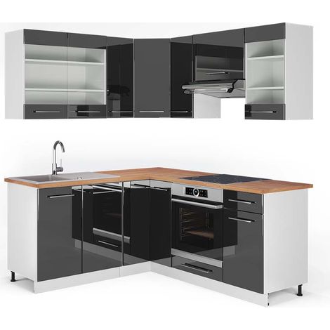 Cuisine en angle Fame-Line, Anthracite brillant/blanc, 160 x 190 cm , PT Chêne, Vicco