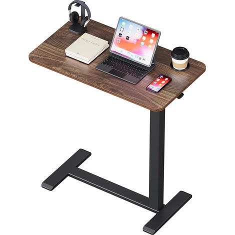 Table de Lit à roulettes 70 x 40 cm, Table de lit avec porte-gobelet, bureau assis-debout pneumatique réglable en hauteur pour bureau à domicile, Noyer (1/5)