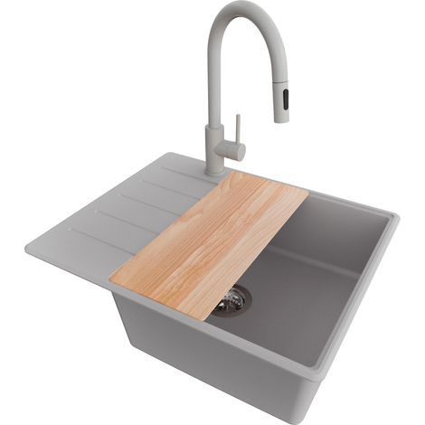 PRIMAGRAN Evier Cuisine en Granit 62x50cm, Lavabo 1 bac + Robinet 40x20cm + Kit de Vidage + Accessoire, Évier à Encastrer au meuble 50cm - Copenhague, Gris (1/5)