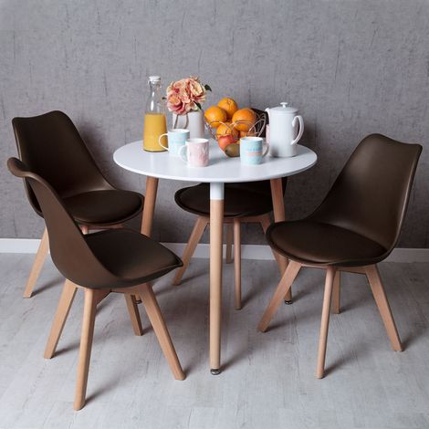 Conjuntos de mesa y sillas - Conjunto Mesa Tower Redonda 80 cm Blanca y Pack 4 Sillas Synk Basic - Marrón