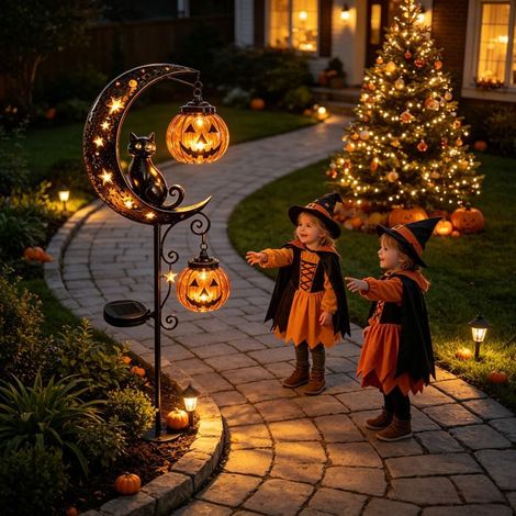 Décoration Halloween Solaire Chat Noir et Citrouille, Lampe Jardin sur Piquet, Étanche, Ornement Extérieur pour Jardin et Terrasse (1/5)