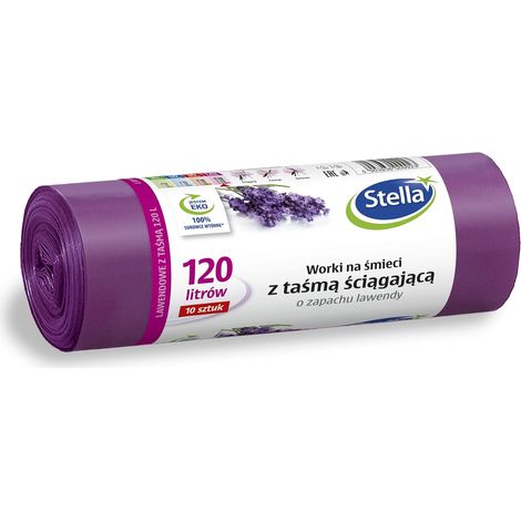 Lot de 10 sacs poubelle avec cordon de serrage - 120 l - Parfum lavande - Sacs poubelle pour les déchets ménagers et le bureau - En film LDPE - Fabriqué en polyéthylène basse densité - (1/5)