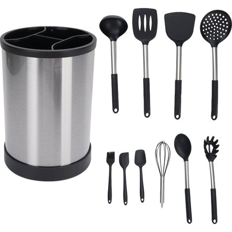 Ensemble d'ustensiles de cuisine avec seau de rangement rotatif en Silicone, acier inoxydable, spatule antiadhésive, cuillère, brosse, fouet, louche de serveur de pâtes pour la cuisine