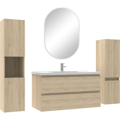 Ocean ensemble meubles Salle de Bain 100cm vasque + colonne + miroir ovale mural Chêne Wotan