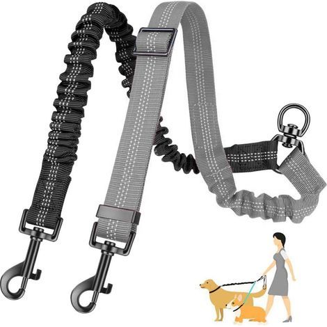 Laisse double réglable pour 2 chiens, 360° rotative, réfléchissante, anti-enchevêtrement, pour petits, moyens et grands chiens (Noir et Gris) (1/5)
