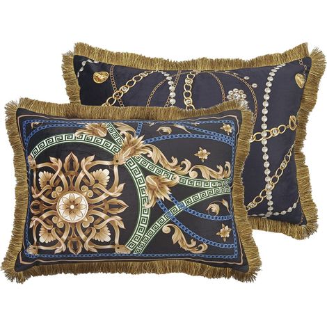 Coussin en velours garni de plumes et de franges 60x13x45 cm