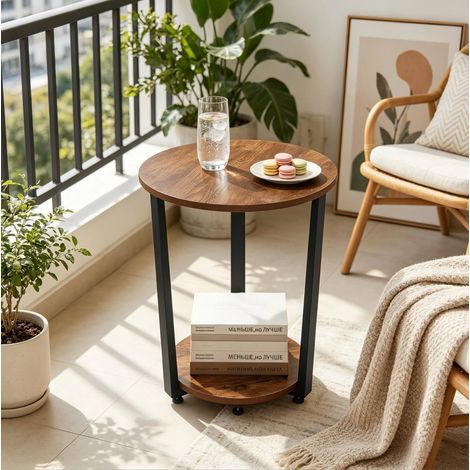 Table d’appoint ronde 50x53 cm marron en métal et bois avec 2 étagères de rangement (1/4)