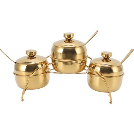 Assaisonnement en acier inoxydable doré : set de 3 bocaux avec couvercle et cuillère pour sel, poivre et sucre, rangement mural inclus.