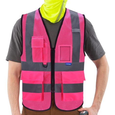 Gilet de sécurité haute visibilité rose, maille, fermeture éclair, poches, taille XL (1/3)