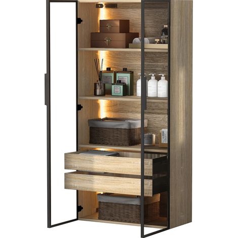 ELVMI Armadio da Bagno con 2 Ante in Vetro Satinato, 2 Cassetti, Ripiani Aperti e LED, MDF Naturale (1/5)