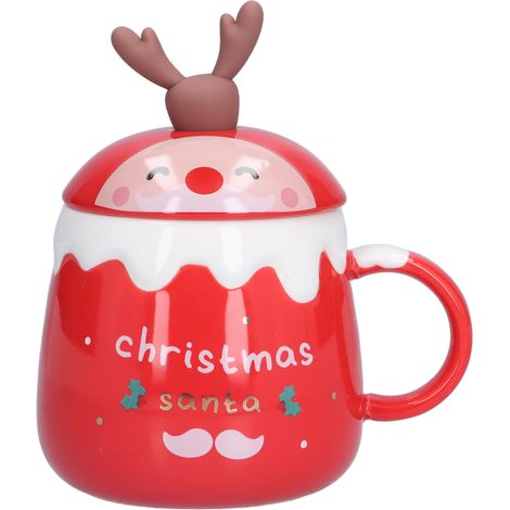 Mug de Noël 450ml avec Cuillère et Couvercle, Tasse Céramique Élégante pour Café ou Thé, Idéal Bureau