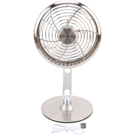 Petit ventilateur de bureau USB, 3 vitesses, silencieux, en métal, style rétro, rotation à 360°, rechargeable, pliable sur trois axes, couleur argent. (1/5)