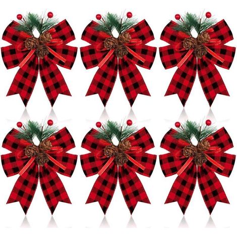 Lot de 6 nœuds de Noël, nœuds en ruban à carreaux avec pommes de pin, décorations pour sapin de Noël (1/5)