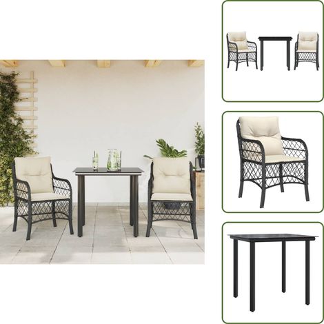 The Living Store Ensemble de bistro 3 pcs avec coussins noir résine tressée - Chaise extérieure (1/5)