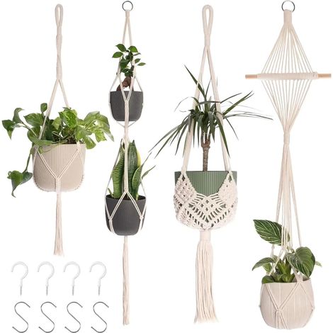 4-teiliges Makramee-Pflanzenampel-Set, handgewebte Makramee-Pflanzenampeln für die Dekoration von Haus und Garten (1/5)