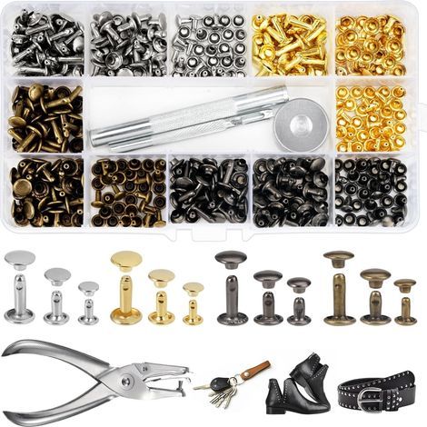 Rivets en cuir, 180 pièces, 3 tailles, rivets doubles, rivets tubulaires en métal, avec outil de fixation en 3 parties et pince à trous. (1/5)