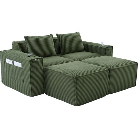 Divano modulare 2 posti in velluto a coste con portabicchieri e tasche laterali, verde (1/5)
